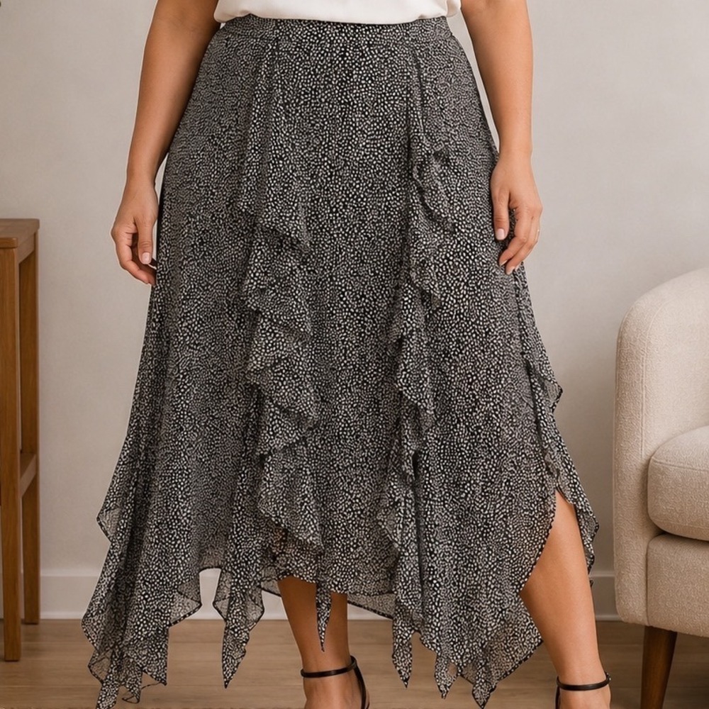 Jones New York Size 12 100% Silk Ruffle Skirt Black White Asymmetrical Midi